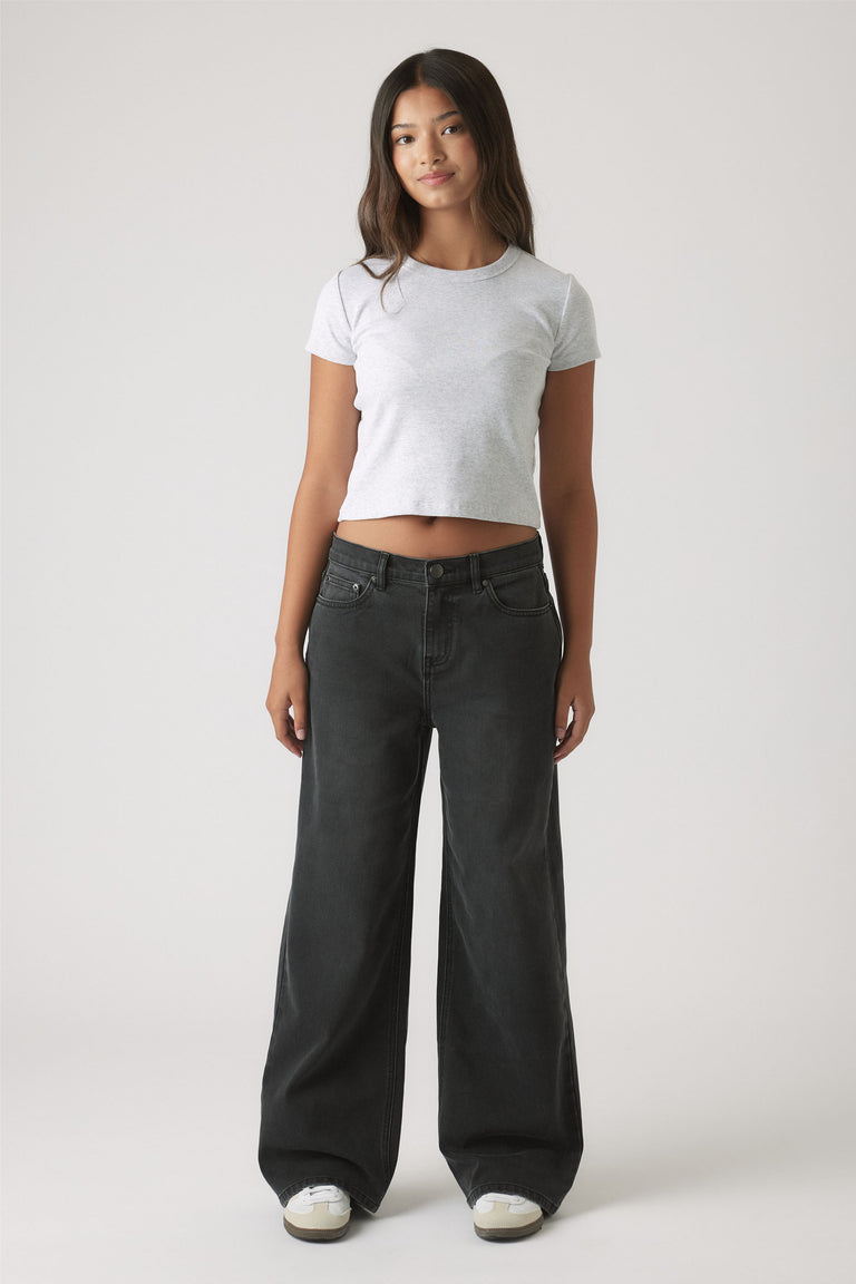 Girls Hailey Extra Long Jean in black denim with wide leg fit, stylish and comfortable by Decjuba Australian fashion brand