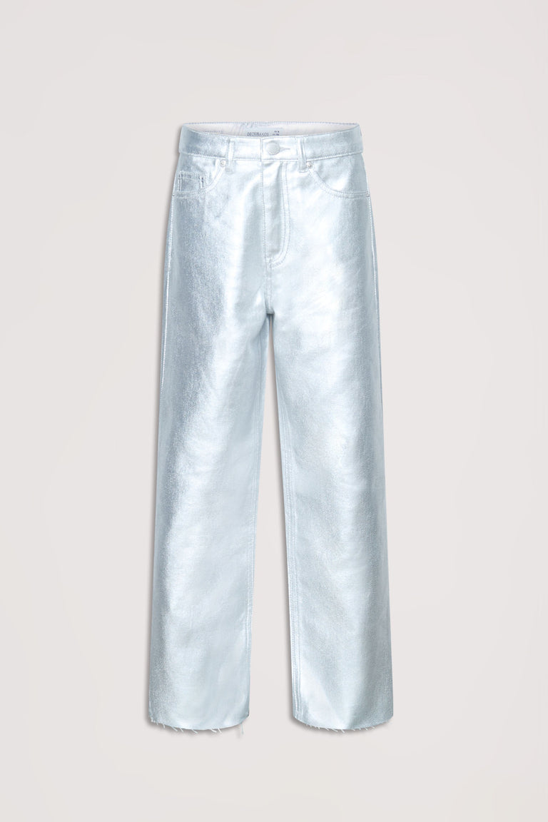 Girls straight leg jeans in a light silver metallic finish with classic five-pocket styling and relaxed fit.