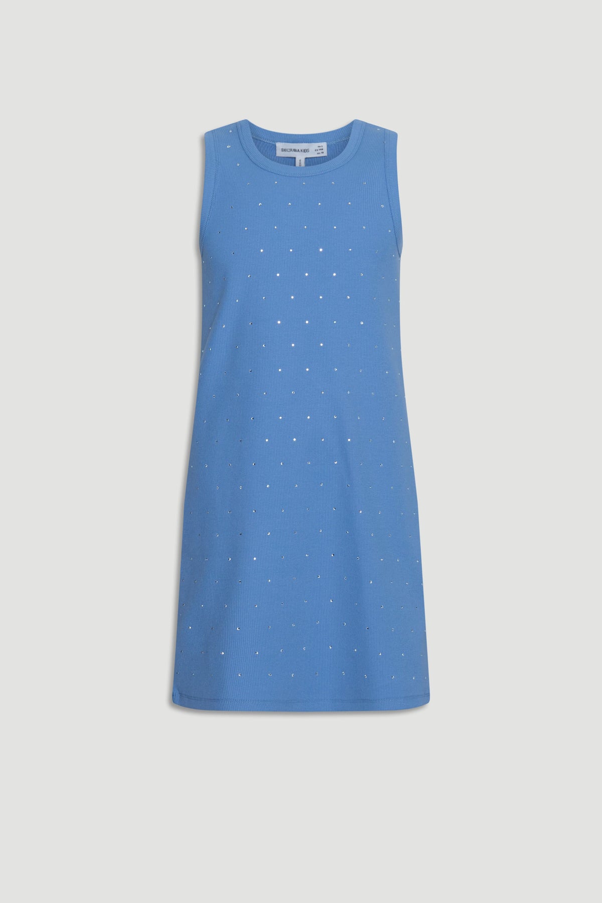 Sleeveless girls dress in dusty blue with subtle crystal embellishments for a simple yet stylish look.