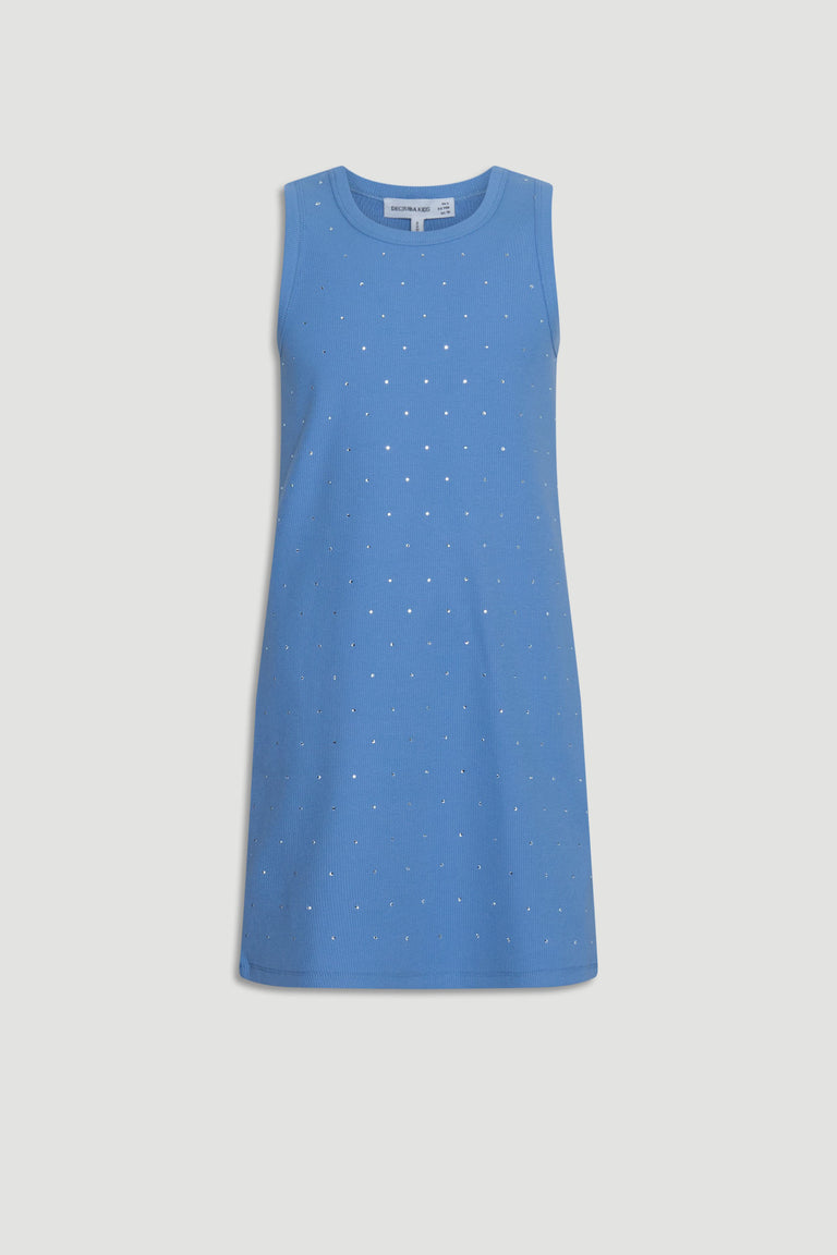 Sleeveless girls dress in dusty blue with subtle crystal embellishments for a simple yet stylish look.