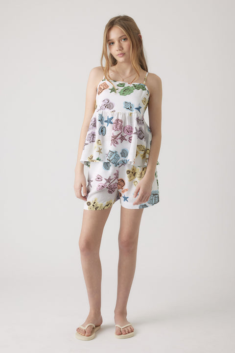 Girl wearing Girls Millie Beach Short with elastic waist and colorful beach print, gallery position 1 portrait view