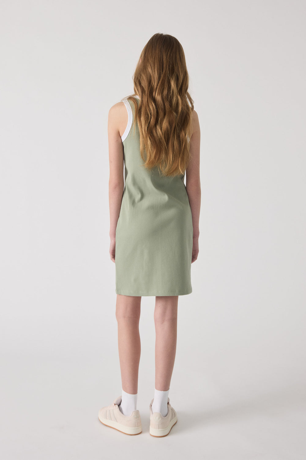 Girls Harper Monogram Dress in soft green sleeveless ribbed fabric shown from back, gallery position 3, portrait orientation.