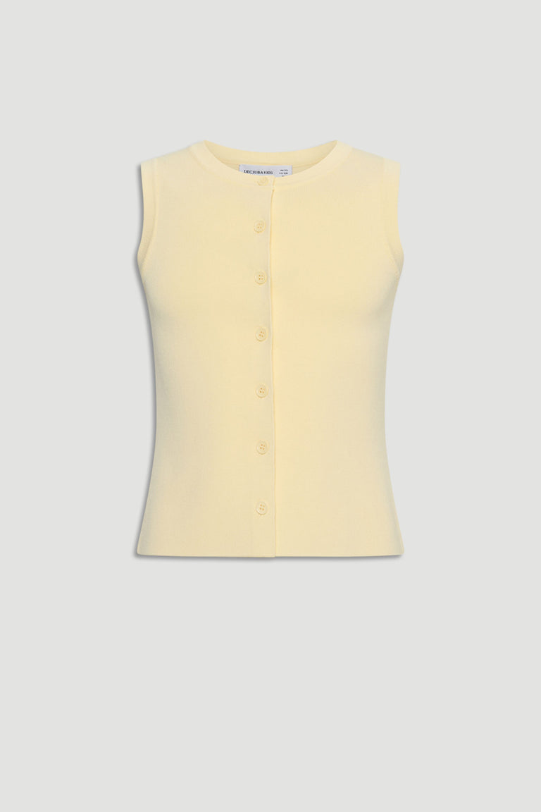 Soft buttercup yellow sleeveless knit vest with front button detail, perfect for girls' layered or casual wear