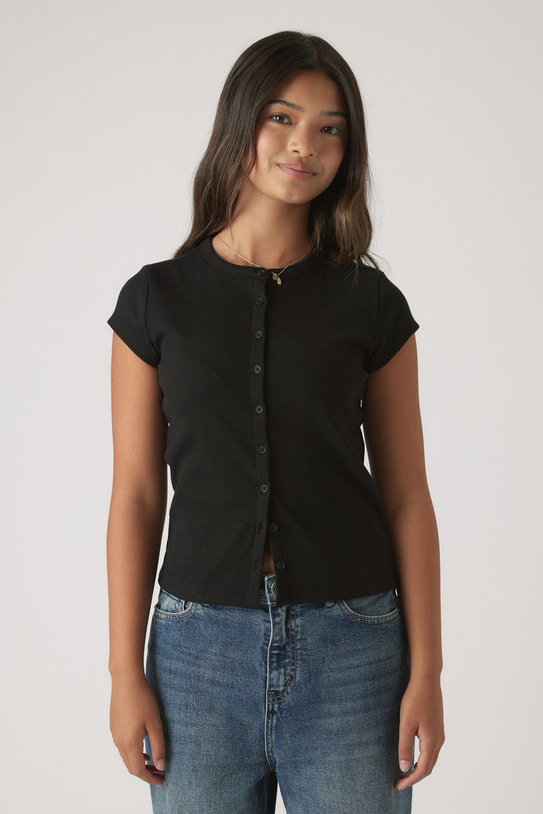Girls Riley Rib T-Shirt in black button-up ribbed fabric styled with casual blue denim jeans by DECJUBA Australian brand