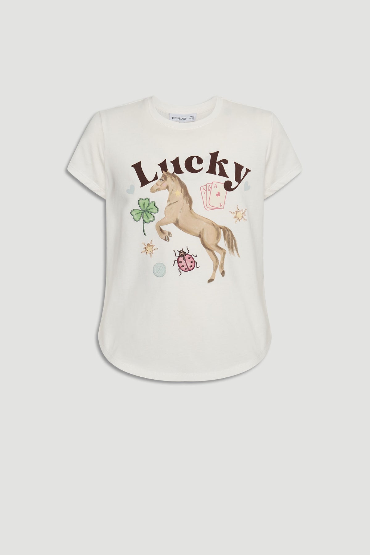 White girls tee featuring a playful horse, ladybug, clover, and lucky charm illustrations with short sleeves.