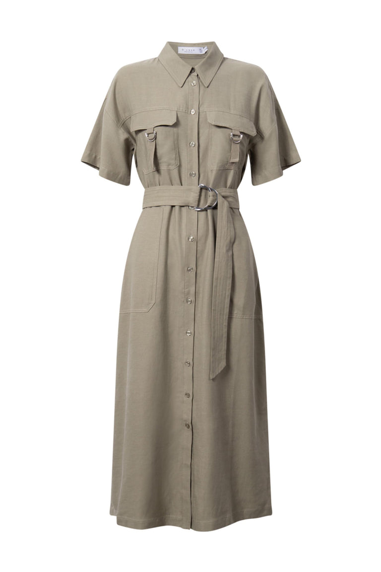 Khaki short sleeve collared midi dress with button front, cargo chest pockets and belted waist