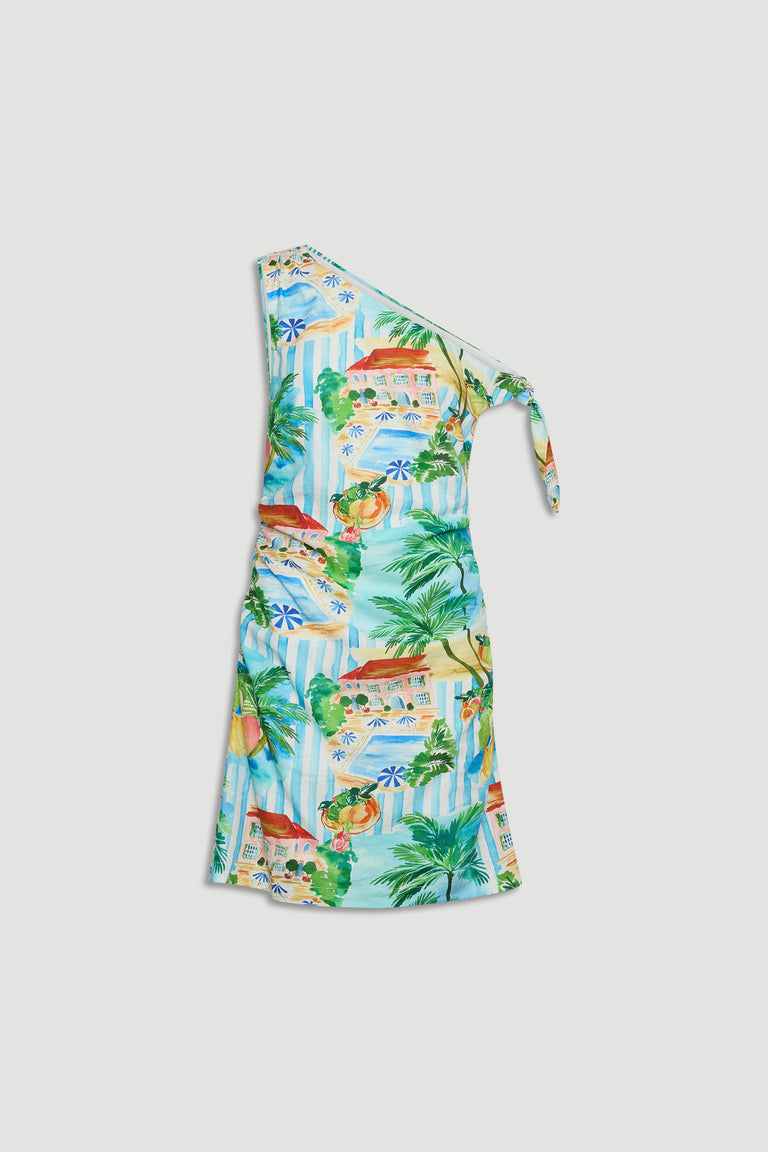 Serafina Mini Dress in vibrant tropical print with asymmetric neckline and tie detail, gallery position 4 portrait shot.