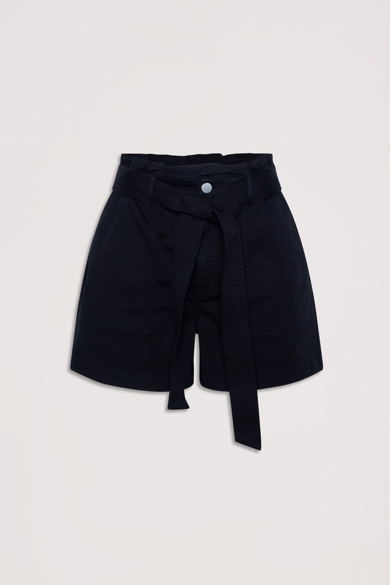 Black high-waisted cargo shorts with a fabric tie belt and front patch pockets, styled for versatile everyday wear