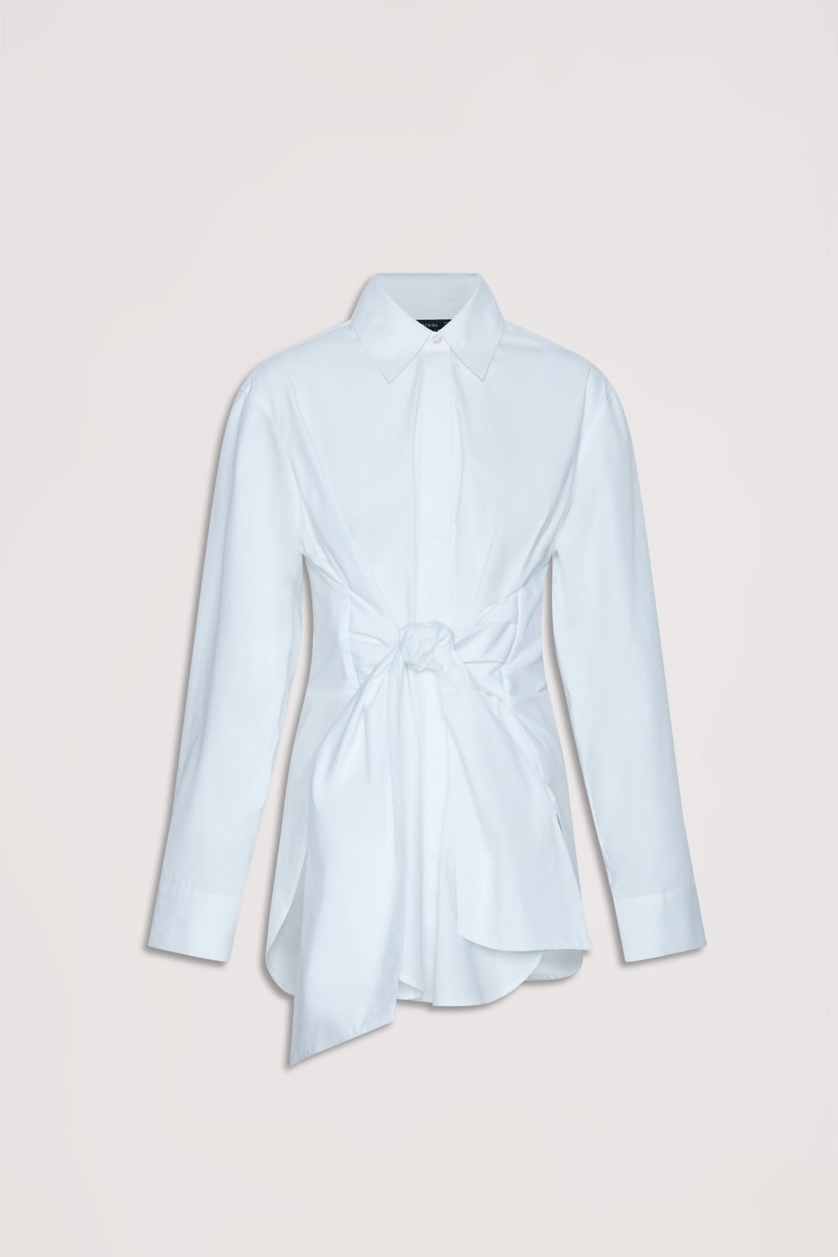 Crisp white long-sleeve shirt featuring a front tie detail for a contemporary, polished everyday look.