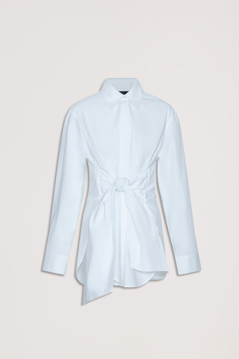 Crisp white long-sleeve shirt featuring a front tie detail for a contemporary, polished everyday look.