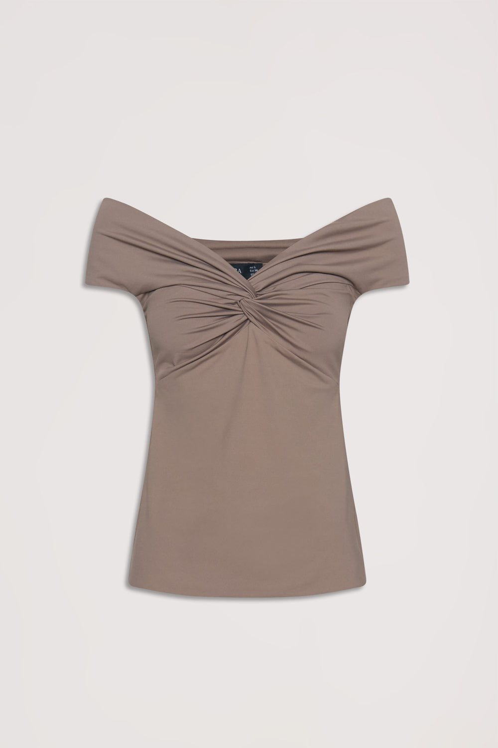 Taupe off-shoulder top with a twisted front detail, designed for a flattering and effortless everyday look.