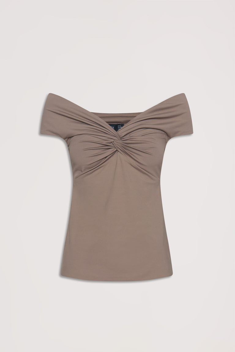 Taupe off-shoulder top with a twisted front detail, designed for a flattering and effortless everyday look.