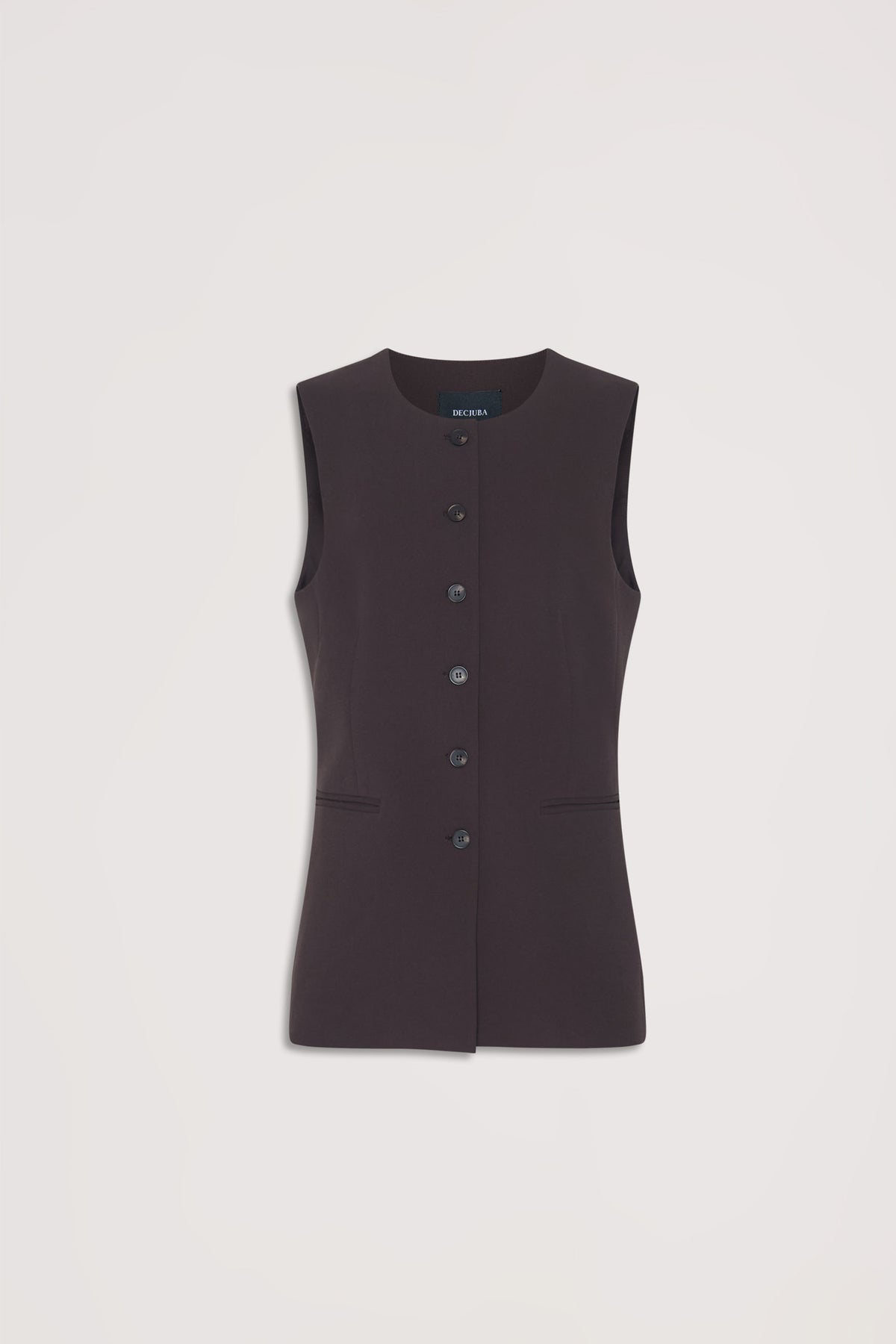 Sleeveless tailored vest in dark chocolate brown with front buttons and a sleek, structured fit for polished layering.