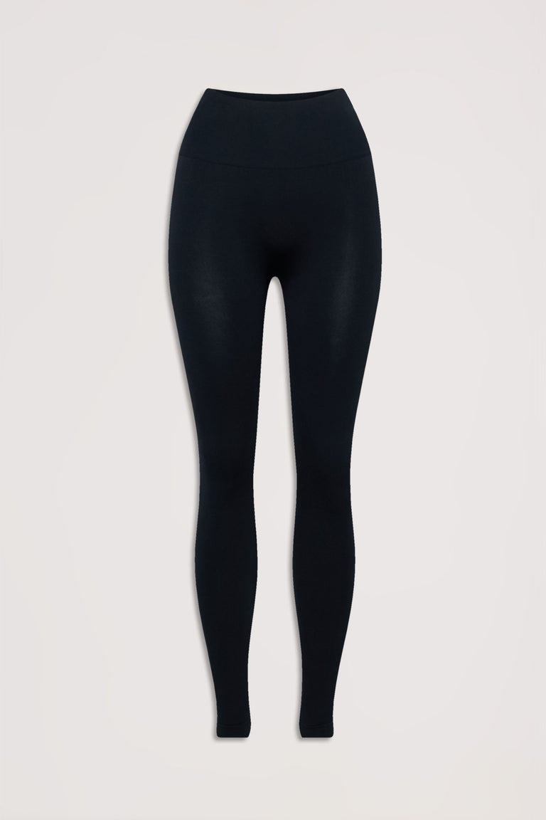 Black seamless leggings with a high-rise waist offering a sleek, comfortable fit for everyday wear.