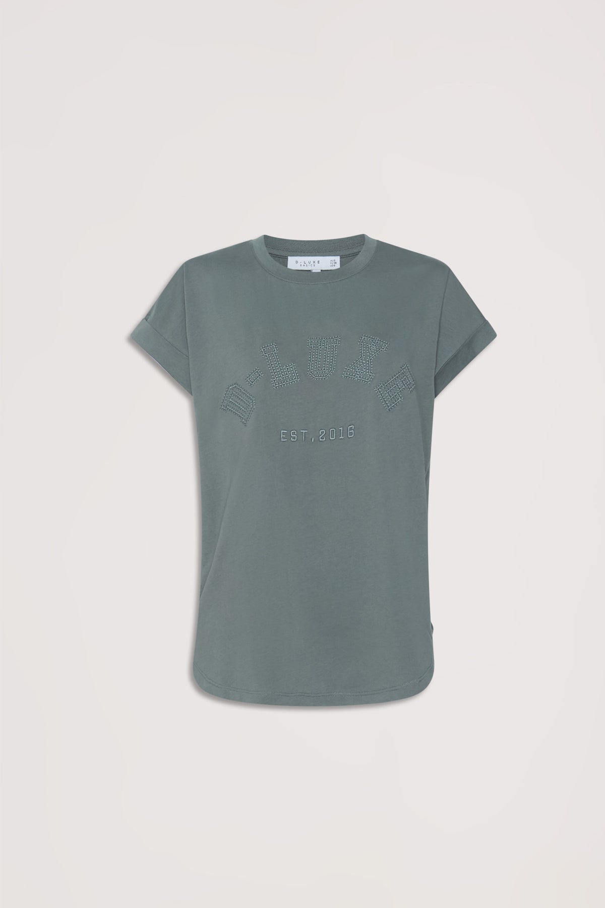 Grey womens tee with crew neckline, short sleeves and tonal D Luxe branding