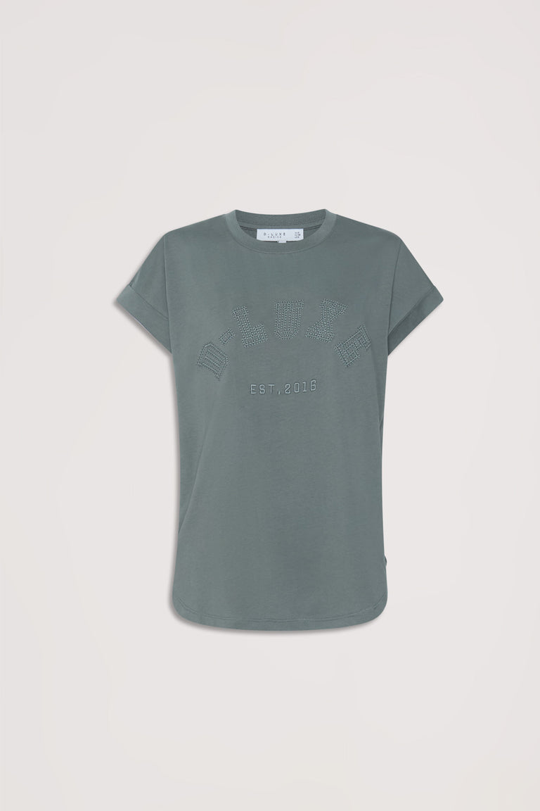 Grey womens tee with crew neckline, short sleeves and tonal D Luxe branding