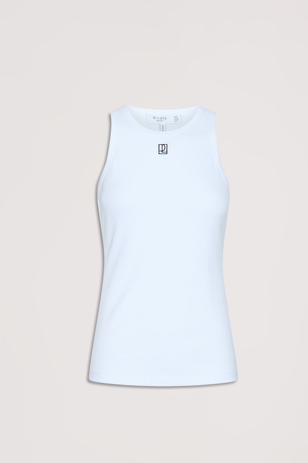 White ribbed sleeveless tank top with a high neckline and subtle branded logo for a clean, versatile look