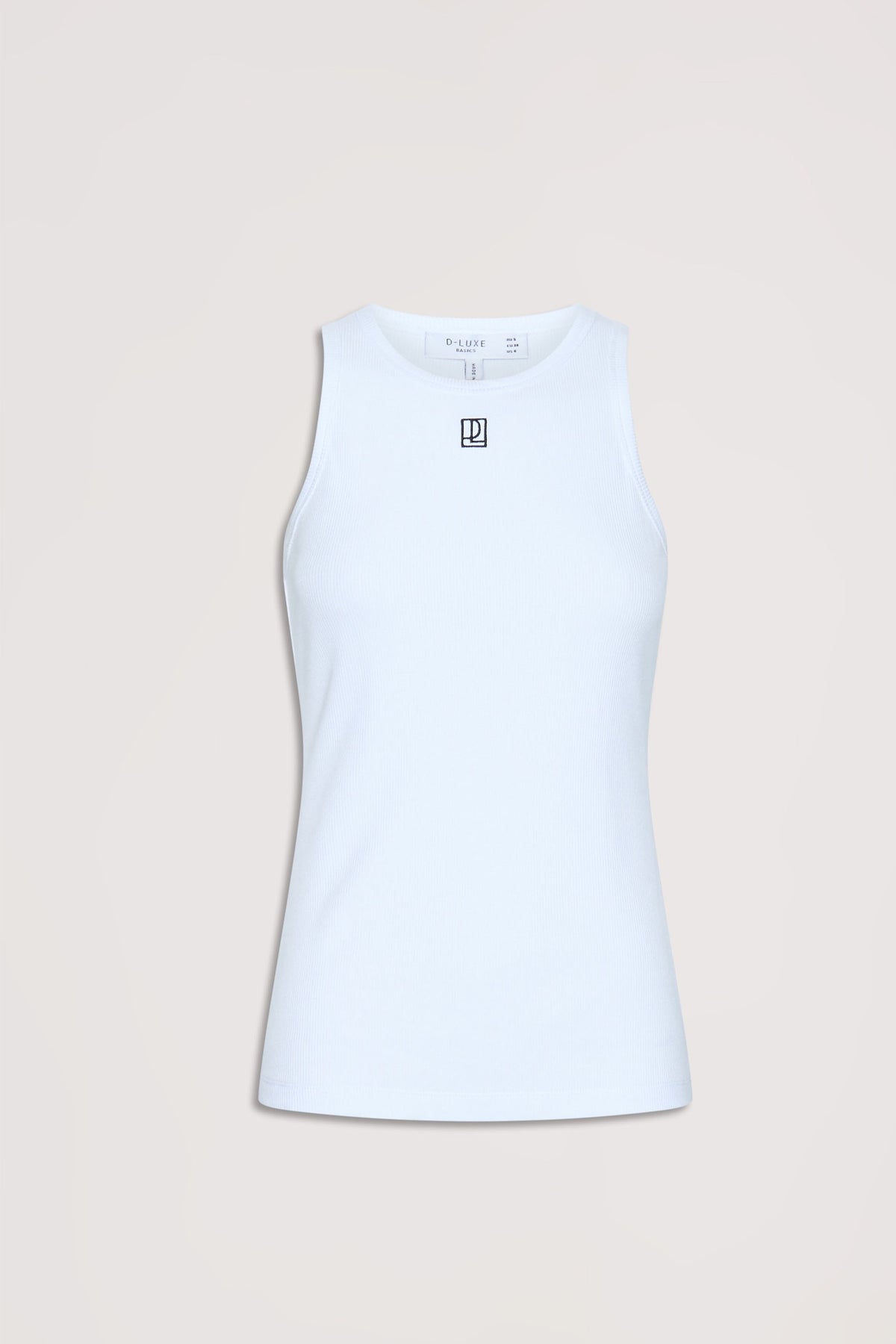 White ribbed sleeveless tank top with a high neckline and subtle branded logo for a clean, versatile look