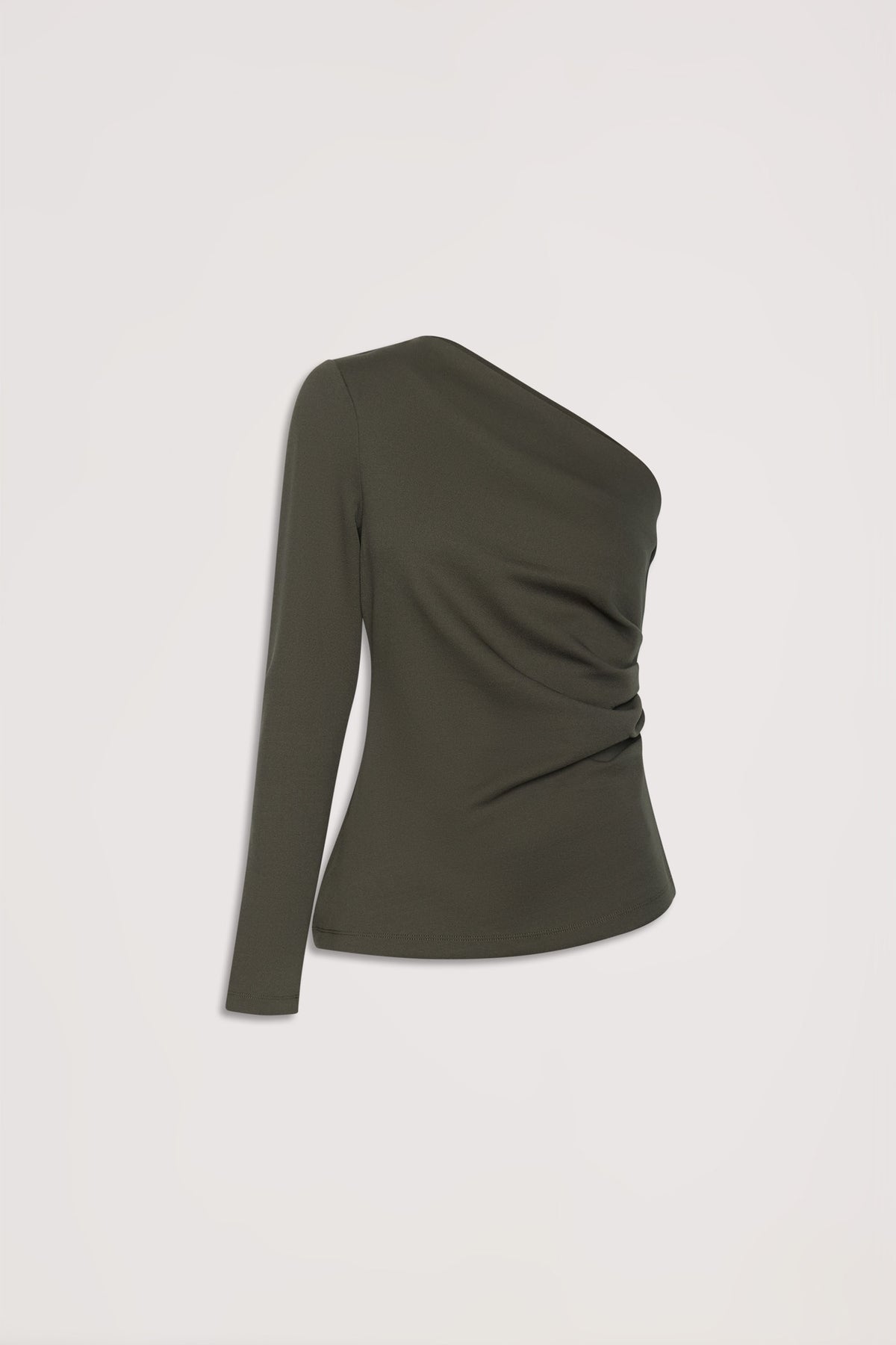 Dark green one-shoulder top with long sleeve and subtle gathered detailing for a sleek, modern look