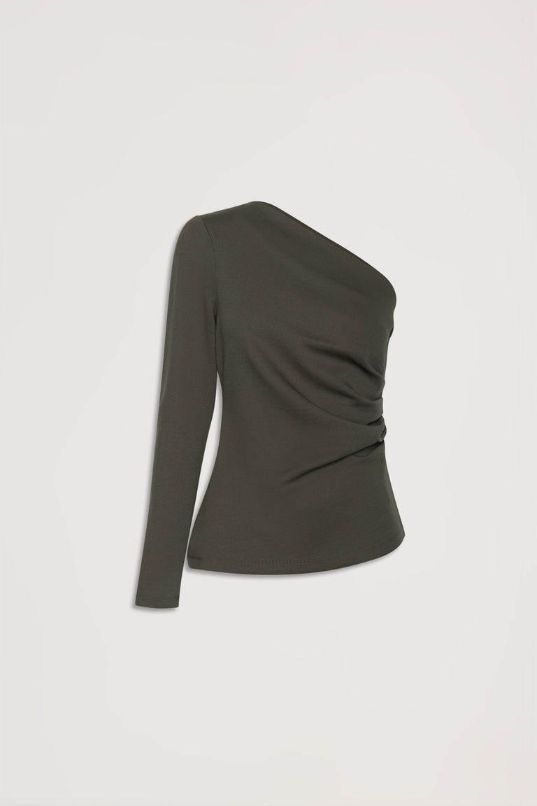 Dark green one-shoulder top with long sleeve and subtle gathered detailing for a sleek, modern look
