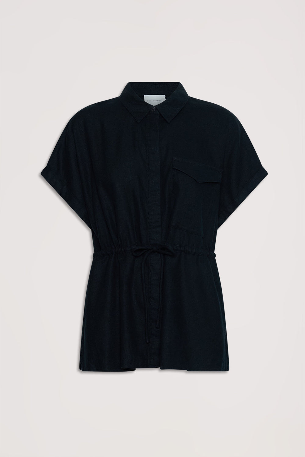 Black linen blend short sleeve shirt with collar, front pocket, and adjustable waist tie for a relaxed fit.