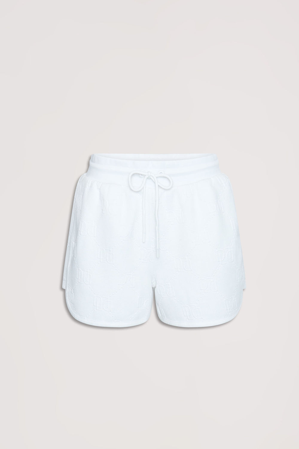White sweat shorts with embossed texture, featuring a drawstring waist and comfortable relaxed fit for casual wear