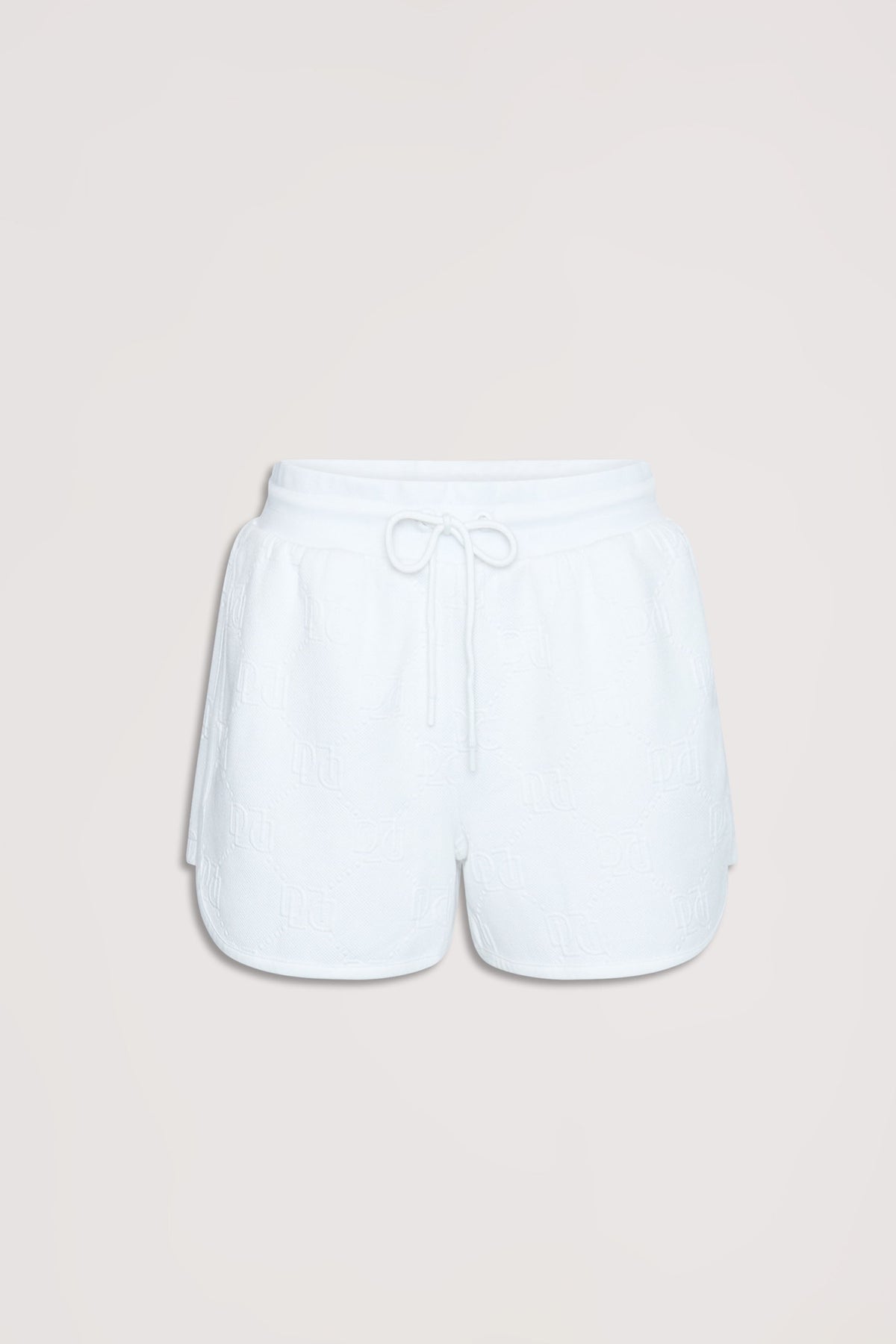 White sweat shorts with embossed texture, featuring a drawstring waist and comfortable relaxed fit for casual wear