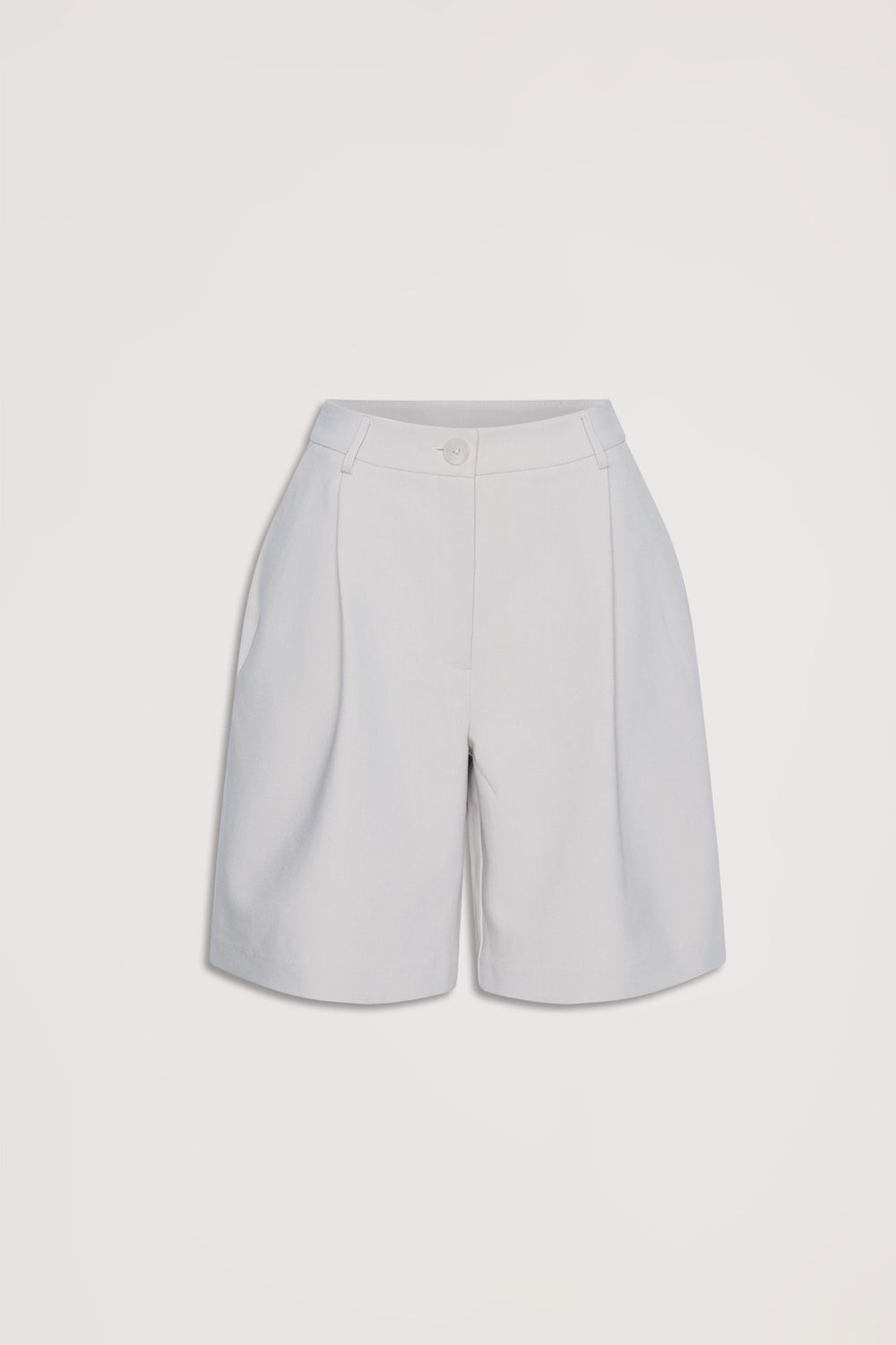 Light grey tailored longline shorts with a high waist and button closure for a polished everyday look