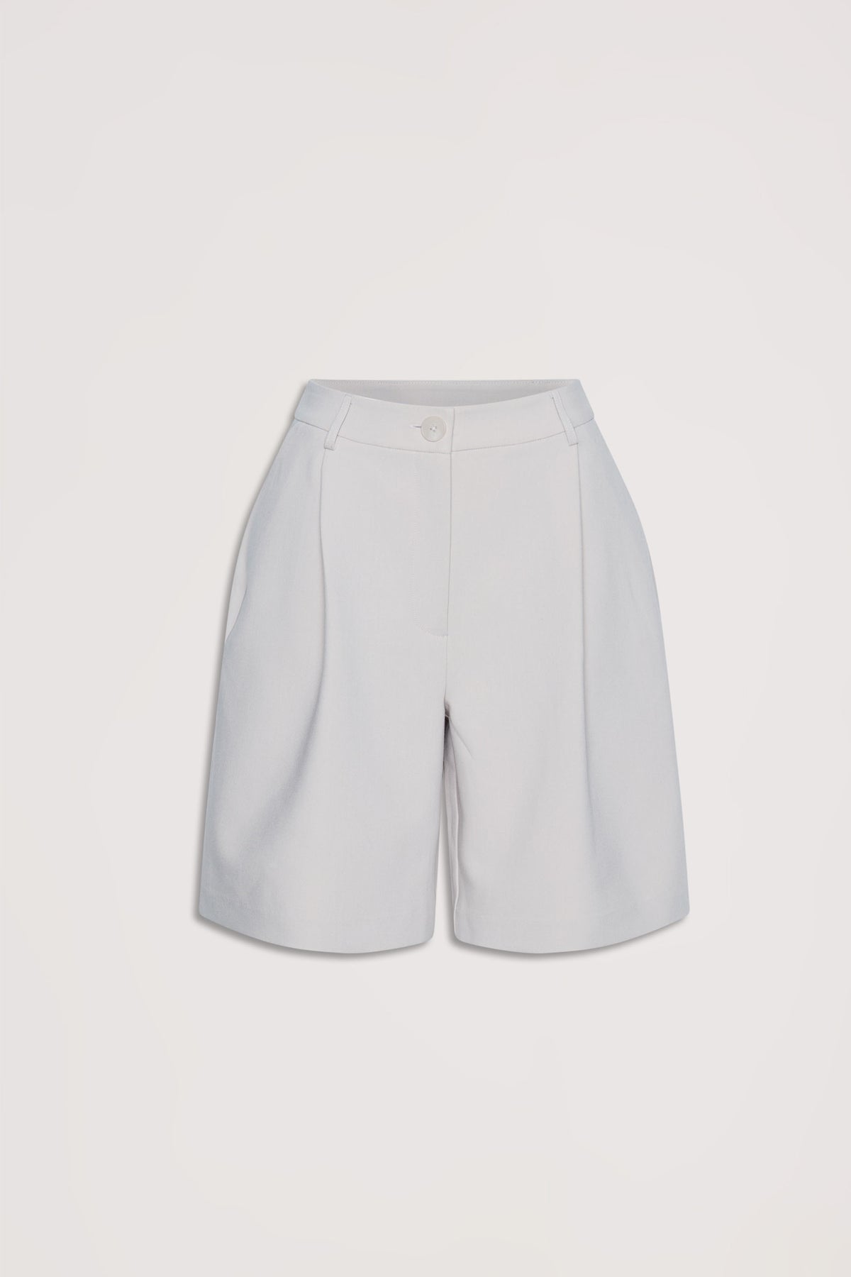 Light grey tailored longline shorts with a high waist and button closure for a polished everyday look