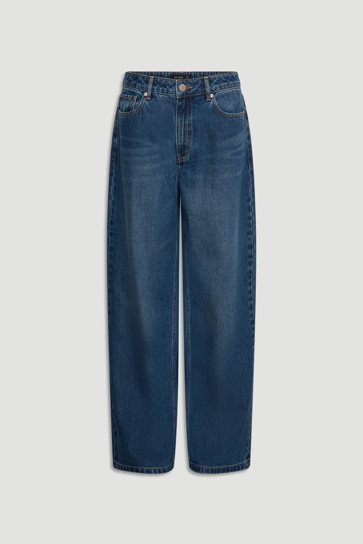 Front view of Elena Wide Leg Jean in dark denim with high waist and relaxed wide-leg silhouette by Decjuba Australian brand