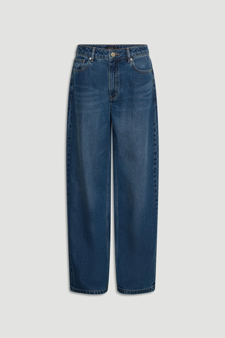 Front view of Elena Wide Leg Jean in dark denim with high waist and relaxed wide-leg silhouette by Decjuba Australian brand