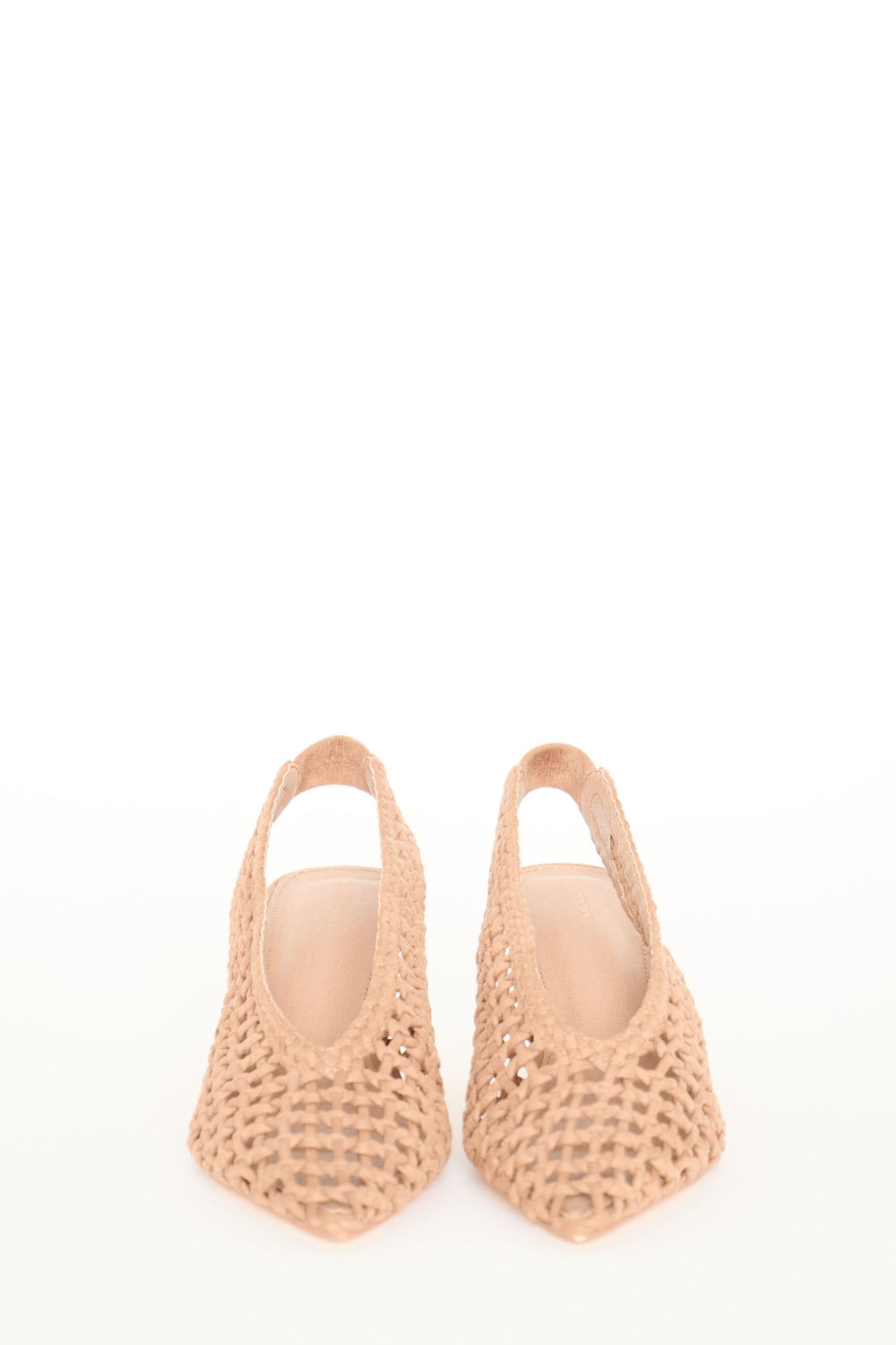 Pair of camel suede pointy slingback heels with woven detailing on the upper for a stylish finish