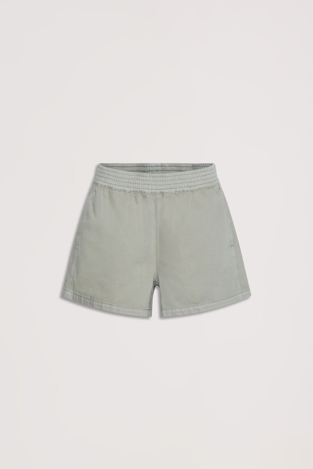 Soft thyme green pull-on shorts with elastic waistband offering relaxed comfort and easy everyday style