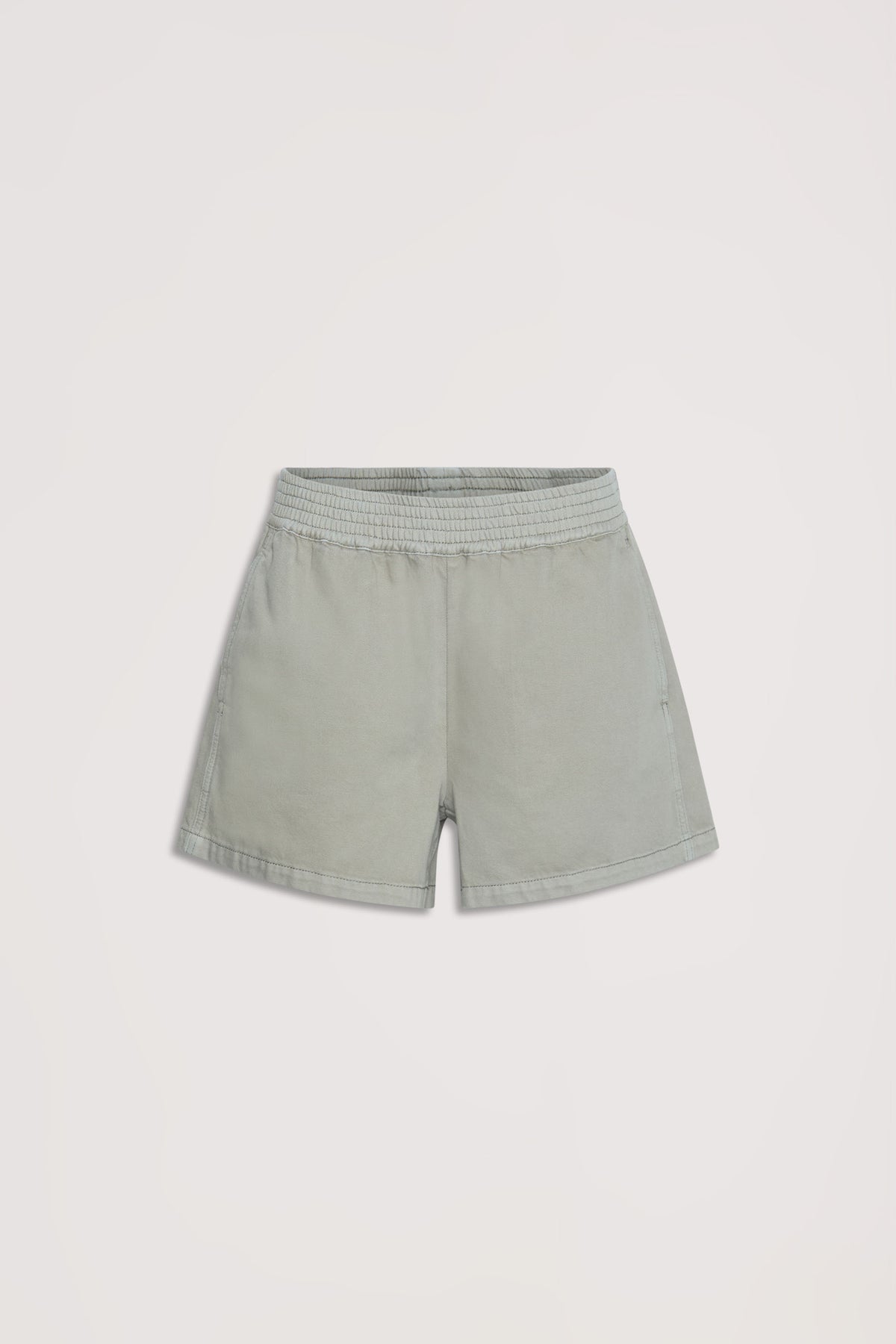 Soft thyme green pull-on shorts with elastic waistband offering relaxed comfort and easy everyday style
