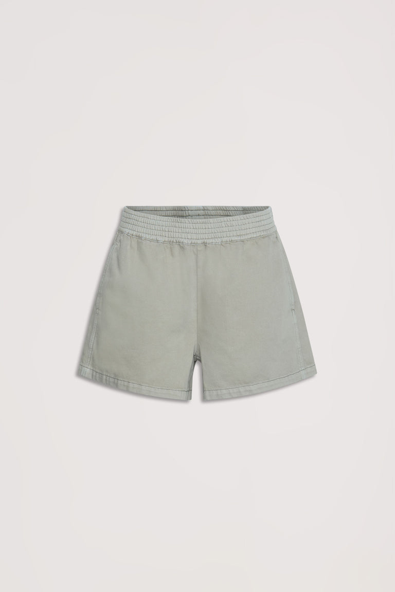 Soft thyme green pull-on shorts with elastic waistband offering relaxed comfort and easy everyday style