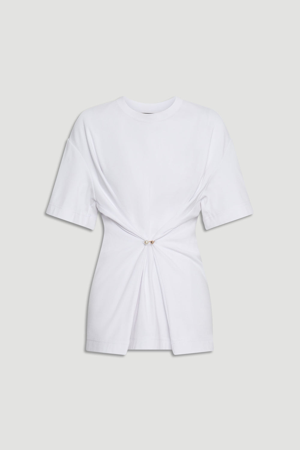 White short sleeve tee with gathered front detail secured by metal accent for a modern casual look