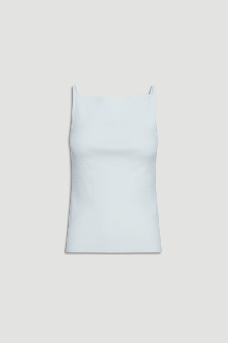 Soft white tank top with a square neckline and slim straps, offering a minimalist and versatile look.