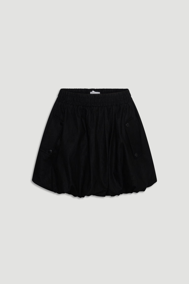 Black mini skirt with a bubble hem and elastic waistband, featuring buttoned side pockets for casual wear.