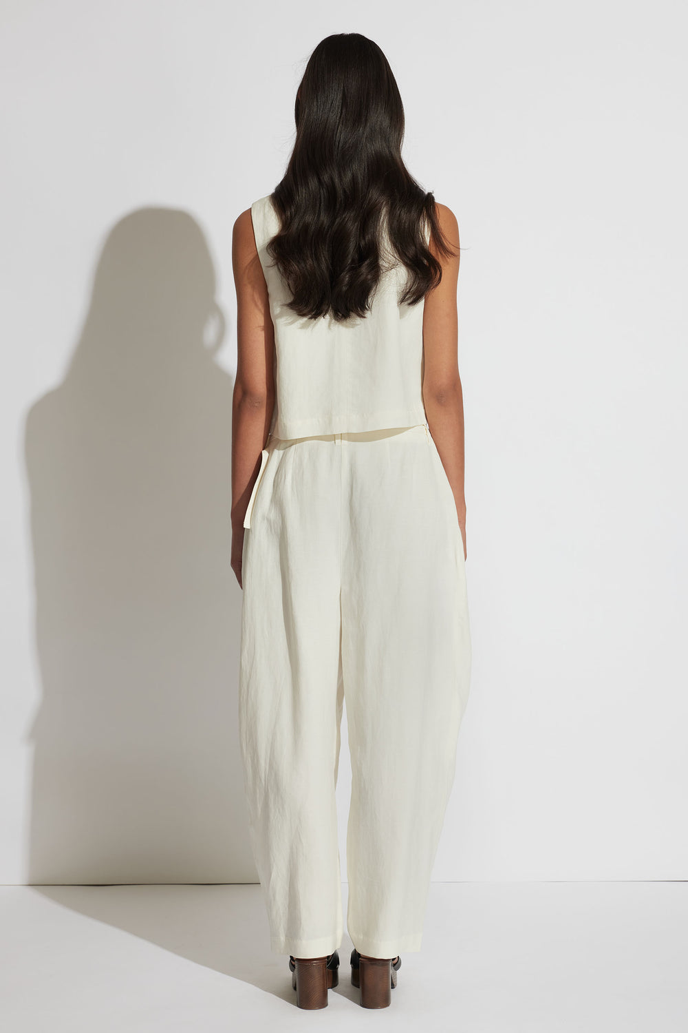 Leah Linen Blend Pant in soft cream, relaxed barrel leg fit shown from back, gallery position 3 portrait view