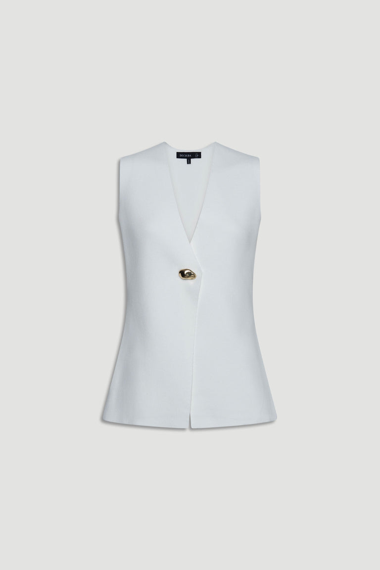 Maddie Longline Knit Vest in white with plunge V neckline and statement button, gallery position 4 portrait shot