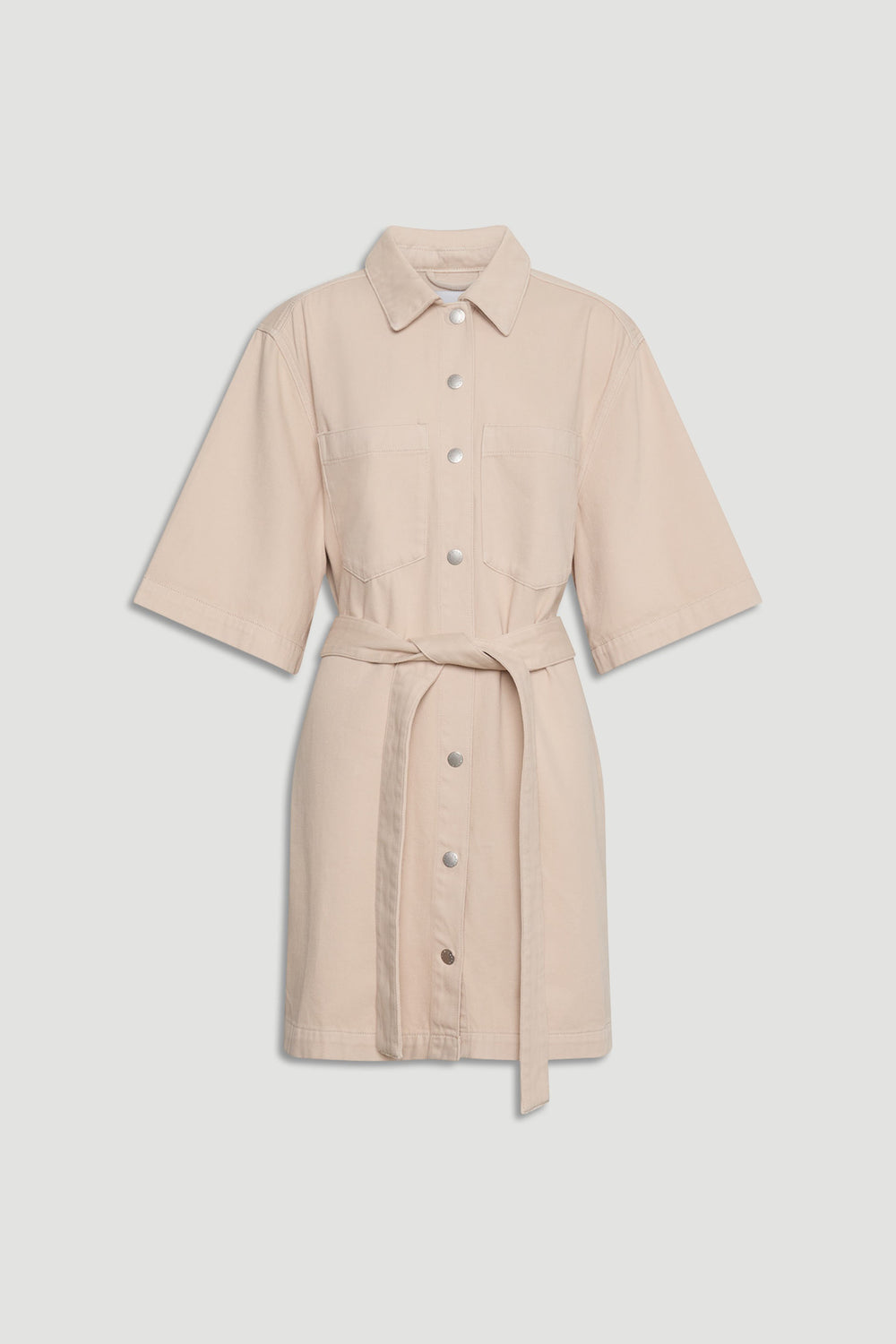 D-Luxe Denim Short Dress in neutral tone with collar, press studs, elbow sleeves, belt, chest and side seam pockets, portrait view.