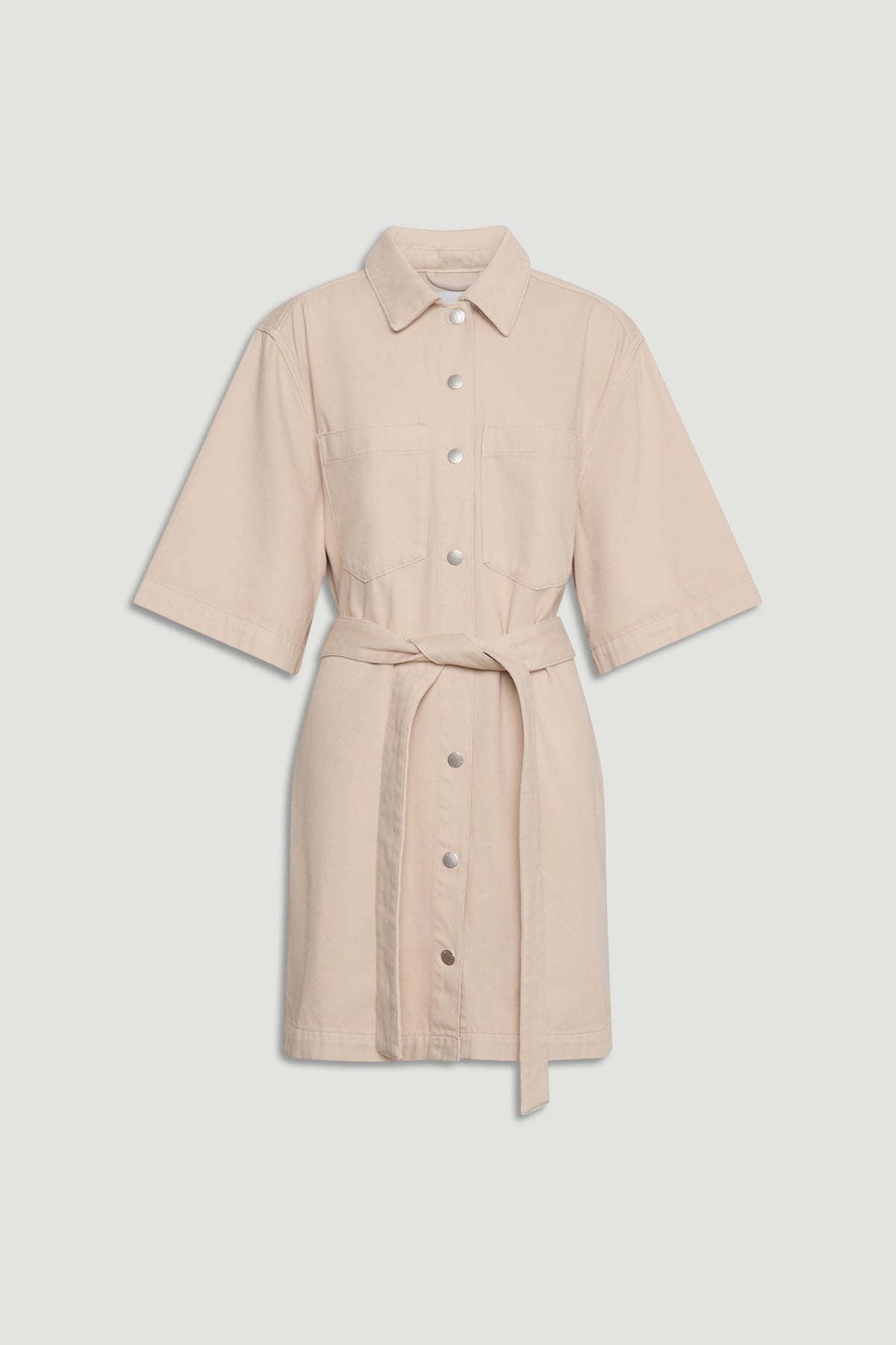 D-Luxe Denim Short Dress in neutral tone with collar, press studs, elbow sleeves, belt, chest and side seam pockets, portrait view.