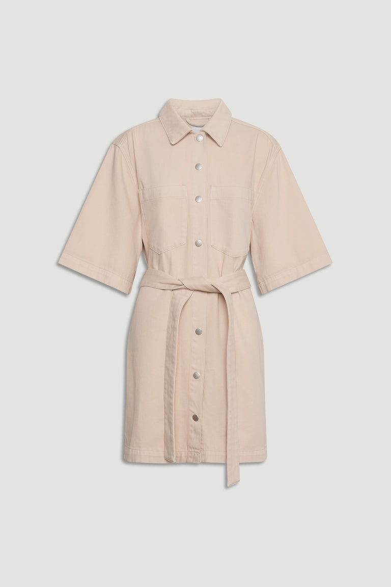 D-Luxe Denim Short Dress in neutral tone with collar, press studs, elbow sleeves, belt, chest and side seam pockets, portrait view.