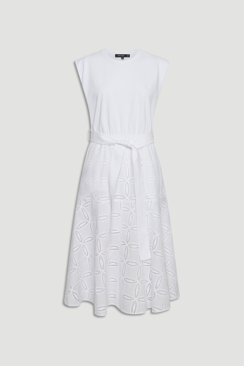 Eden Broderie Midi Dress in white with sleeveless top and intricate eyelet skirt detail, gallery image 4 portrait view