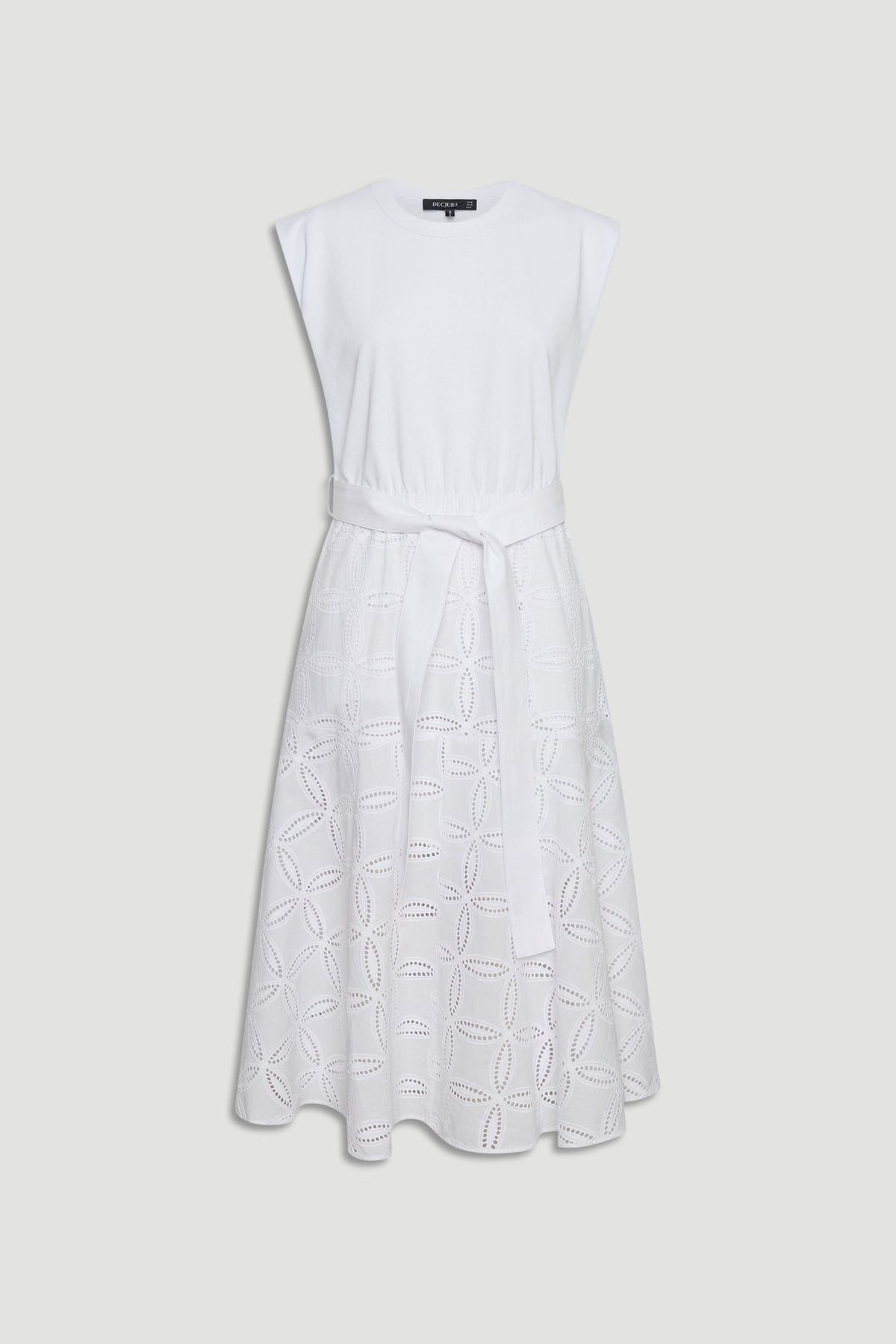 Eden Broderie Midi Dress in white with sleeveless top and intricate eyelet skirt detail, gallery image 4 portrait view