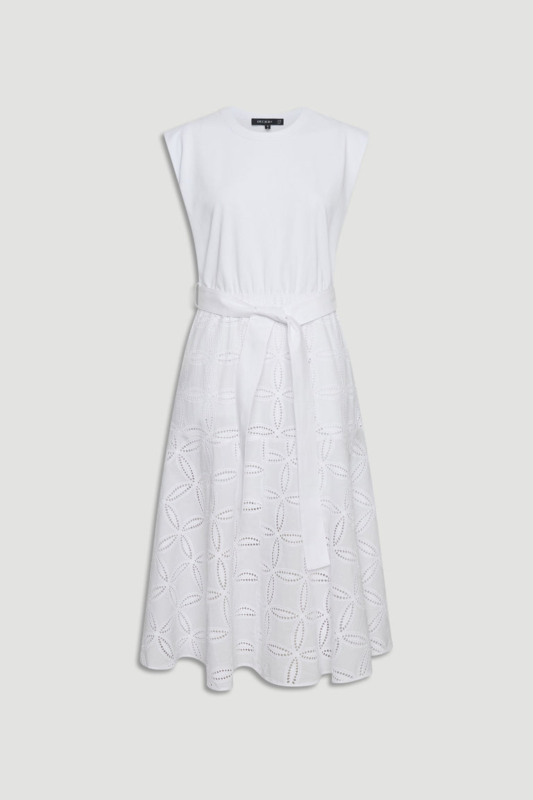 Eden Broderie Midi Dress in white with sleeveless top and intricate eyelet skirt detail, gallery image 4 portrait view
