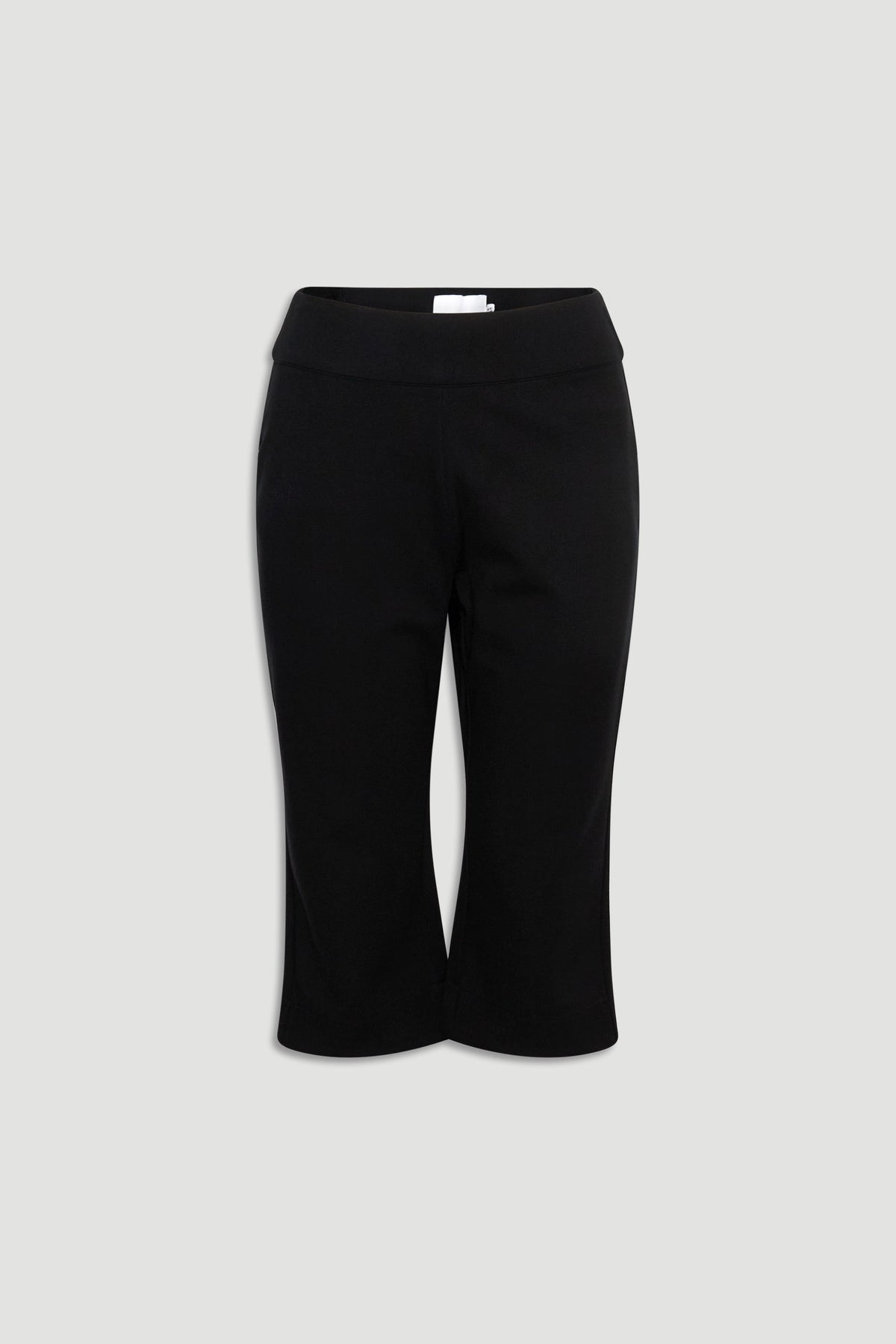 Black capri pants with a tailored fit and wide waistband, offering a sleek and versatile summer style.