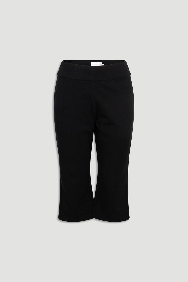 Black capri pants with a tailored fit and wide waistband, offering a sleek and versatile summer style.
