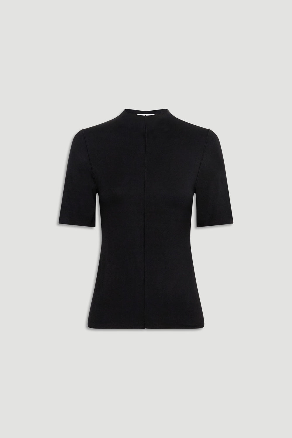 Fitted black short sleeve top with a high neckline, designed for a sleek and versatile everyday look.