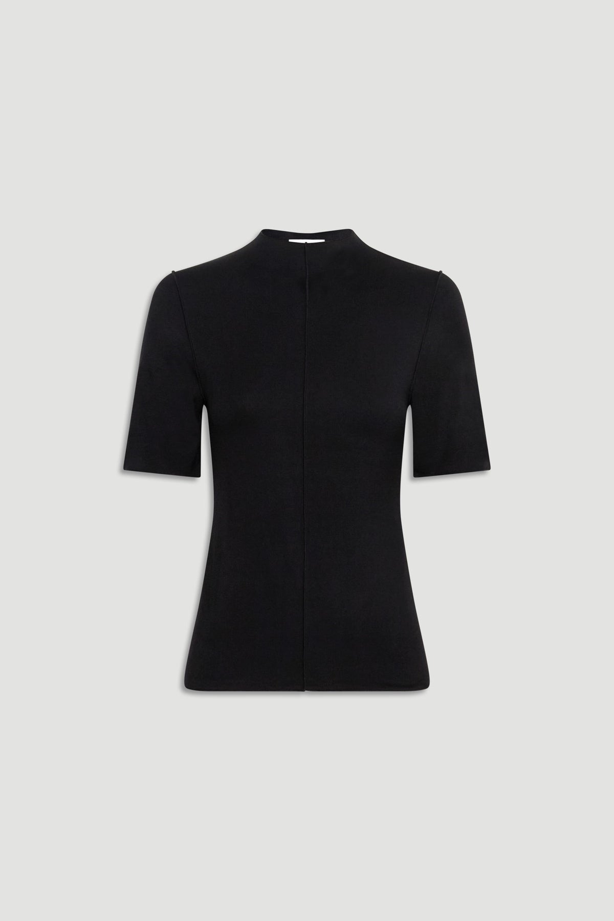 Fitted black short sleeve top with a high neckline, designed for a sleek and versatile everyday look.